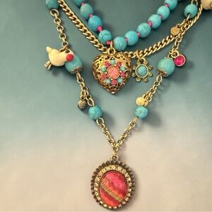 Betsey Johnson Layered Charm Necklace Turquoise Beads,Heart Locket,Bird Pendant
